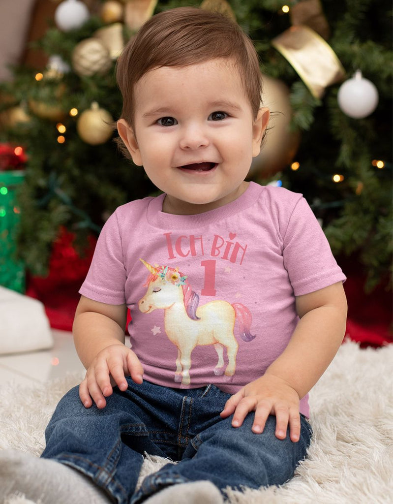 Baby / Kinder T-Shirt mit Spruch Ich bin Eins 1 Süßes Einhornmotiv zum ersten Geburtstag - von Mikalino