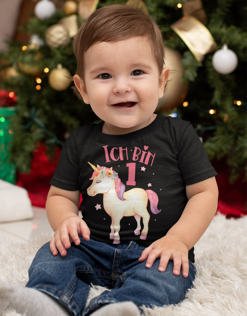 Baby / Kinder T-Shirt mit Spruch Ich bin Eins 1 Süßes Einhornmotiv zum ersten Geburtstag - von Mikalino