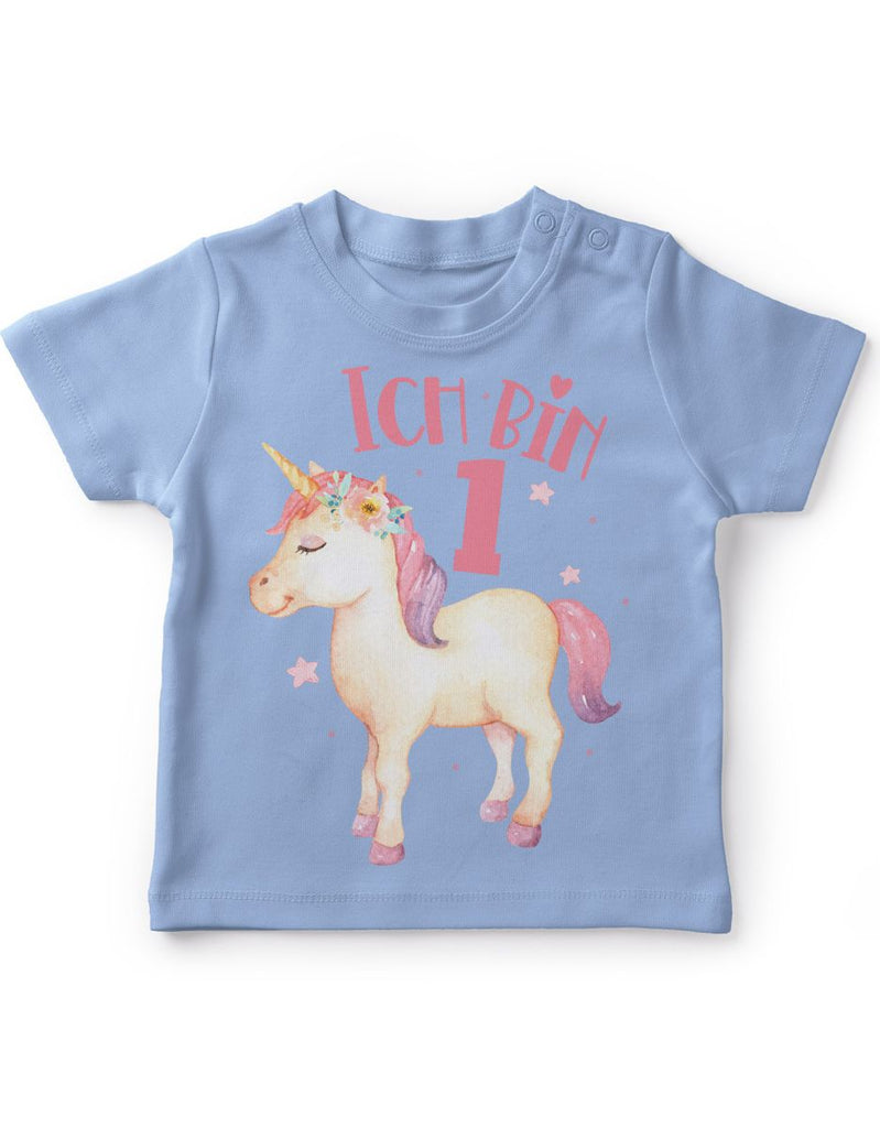 Baby / Kinder T-Shirt mit Spruch Ich bin Eins 1 Süßes Einhornmotiv zum ersten Geburtstag - von Mikalino