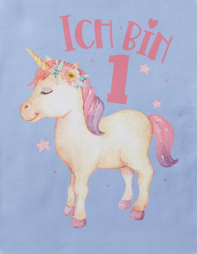 Baby / Kinder T-Shirt mit Spruch Ich bin Eins 1 Süßes Einhornmotiv zum ersten Geburtstag - von Mikalino