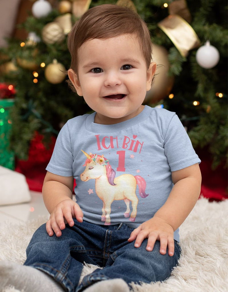 Baby / Kinder T-Shirt mit Spruch Ich bin Eins 1 Süßes Einhornmotiv zum ersten Geburtstag - von Mikalino