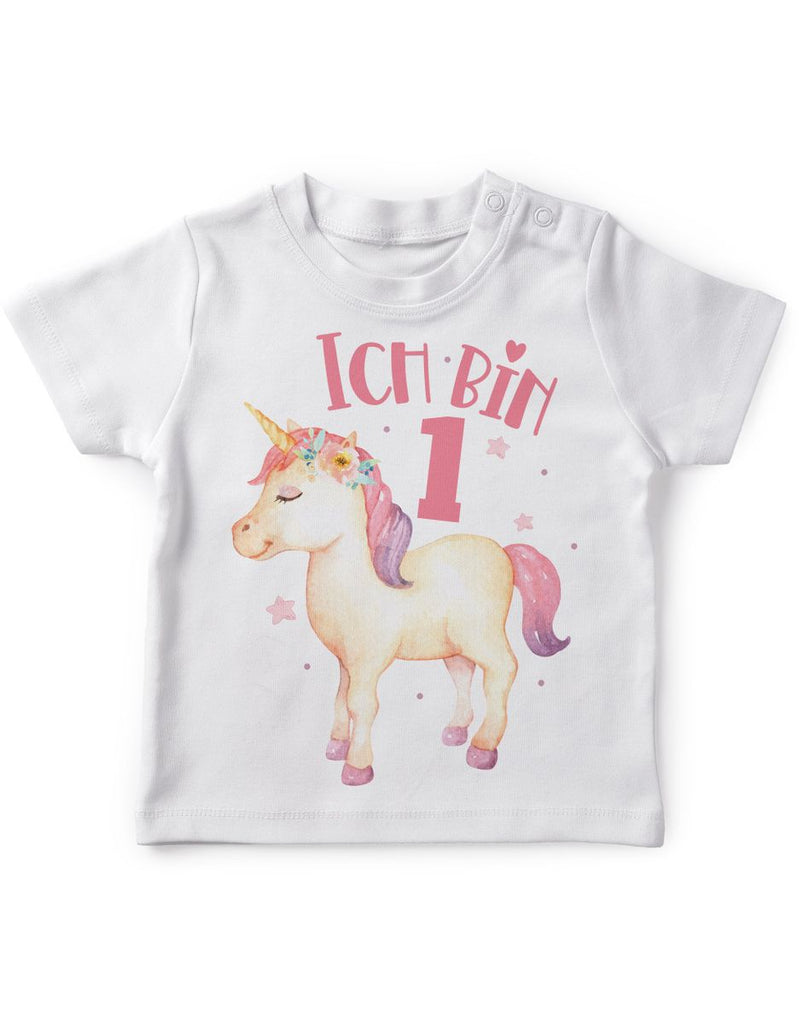 Baby / Kinder T-Shirt mit Spruch Ich bin Eins 1 Süßes Einhornmotiv zum ersten Geburtstag - von Mikalino