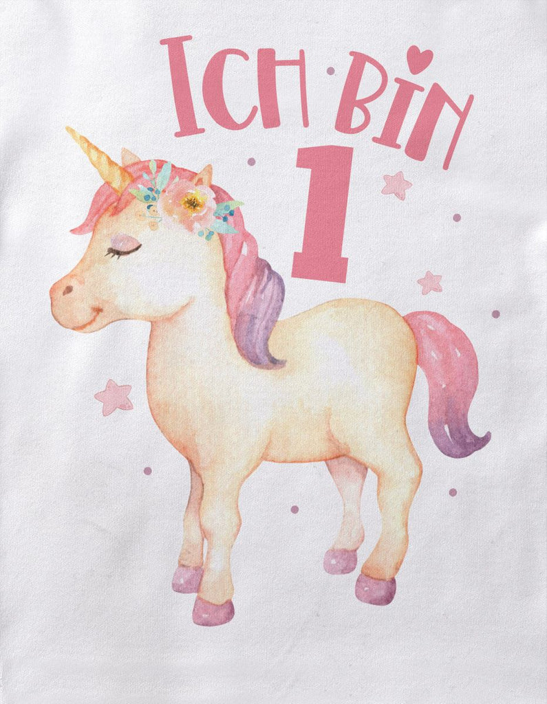 Baby / Kinder T-Shirt mit Spruch Ich bin Eins 1 Süßes Einhornmotiv zum ersten Geburtstag - von Mikalino