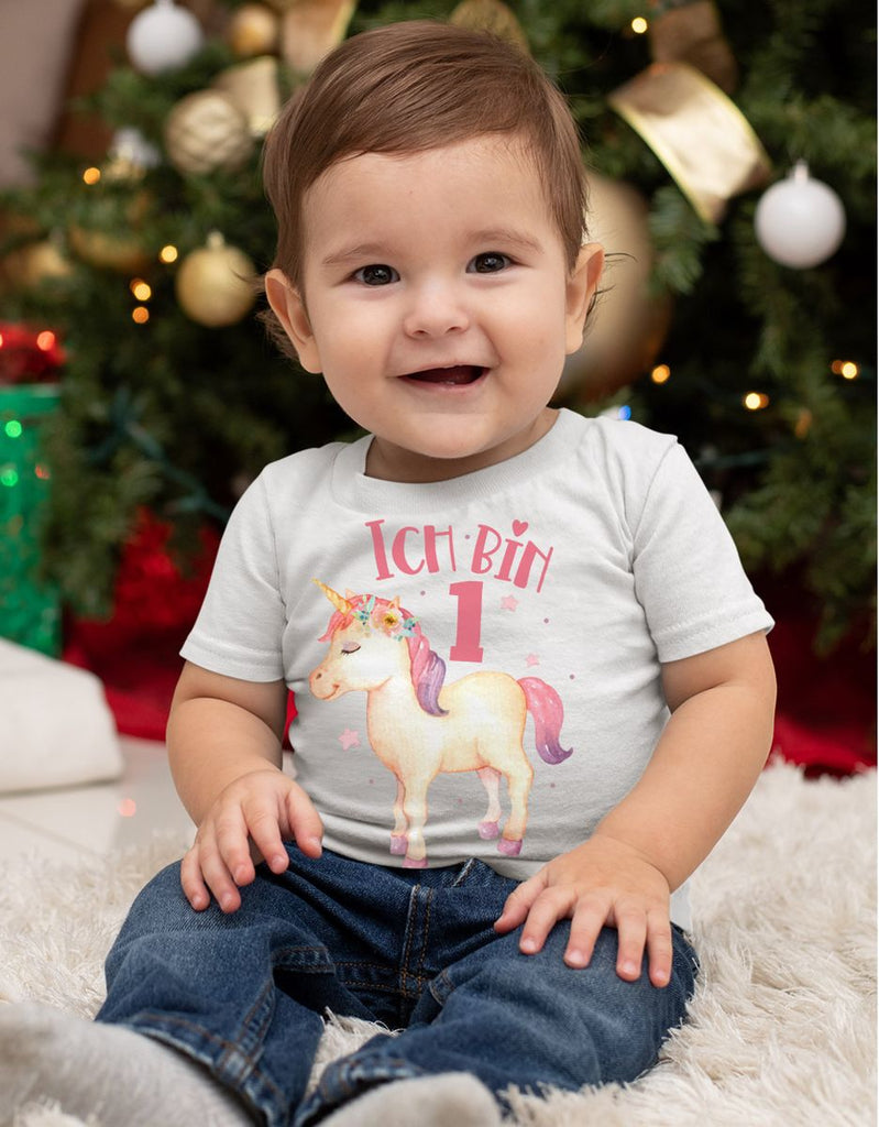 Baby / Kinder T-Shirt mit Spruch Ich bin Eins 1 Süßes Einhornmotiv zum ersten Geburtstag - von Mikalino