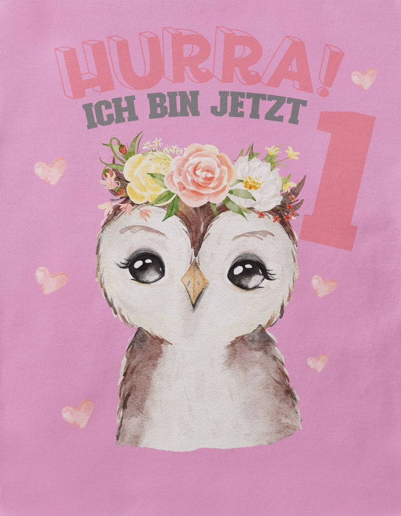 Baby / Kinder T-Shirt mit Spruch Hurra ich bin Eins 1 Süßes Motiv zum ersten Geburtstag mit einer Eule - von Mikalino