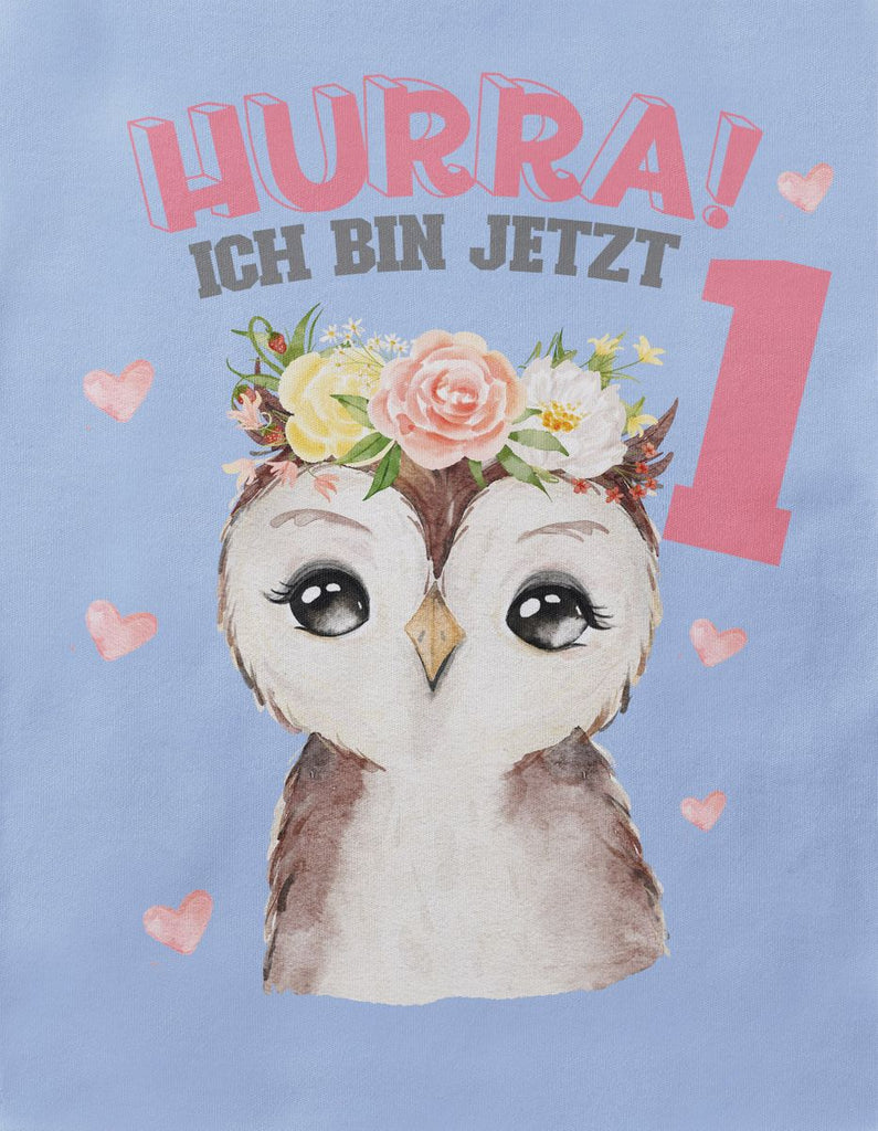 Baby / Kinder T-Shirt mit Spruch Hurra ich bin Eins 1 Süßes Motiv zum ersten Geburtstag mit einer Eule - von Mikalino