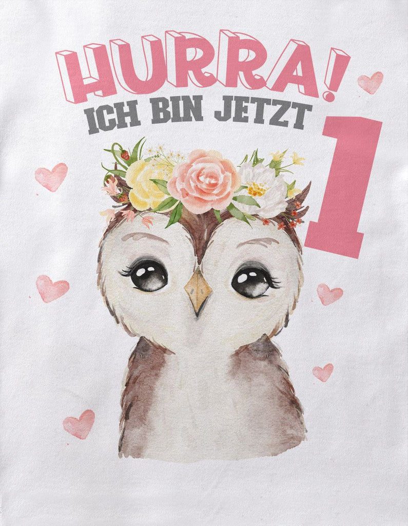 Baby / Kinder T-Shirt mit Spruch Hurra ich bin Eins 1 Süßes Motiv zum ersten Geburtstag mit einer Eule - von Mikalino