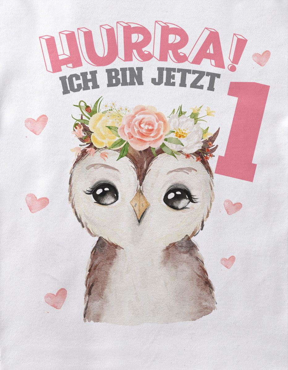 Baby T-Shirt 'Hurra Ich Bin 1' Mit Eule - Süßes Geburtstags-Shirt Für Mädchen Zum 1. Geburtstag