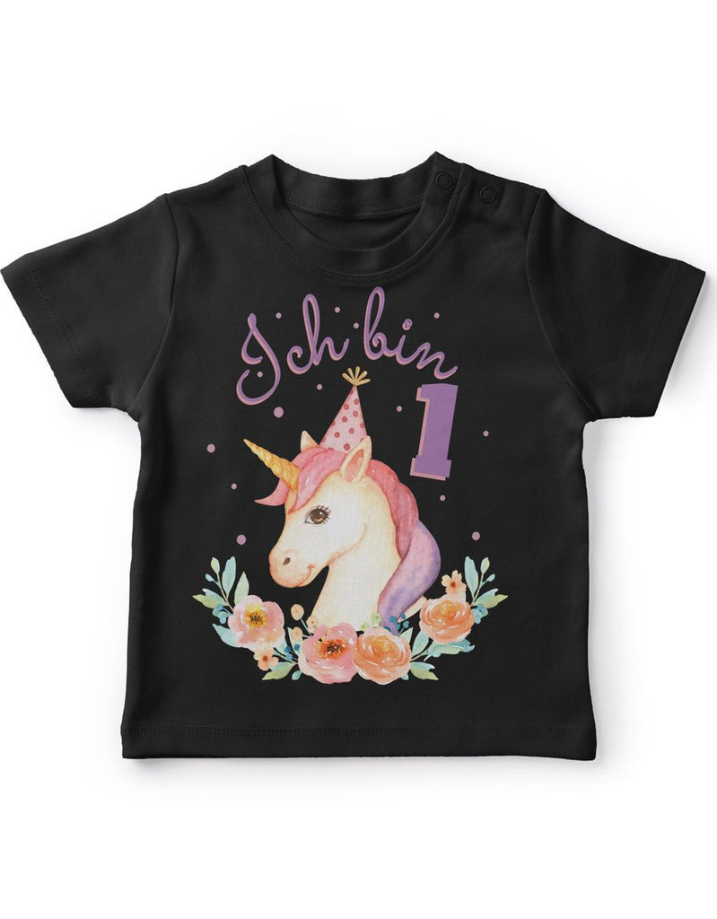 Baby / Kinder T-Shirt mit Spruch Ich bin Eins 1 Niedliches Einhorn mit Geburtstagshut zum ersten Geburtstag - von Mikalino