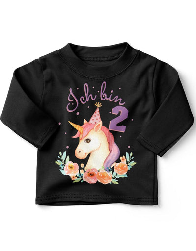 Baby / Kinder Longsleeve mit Spruch Ich bin Zwei 2 Niedliches Einhorn mit Geburtstagshut zum zweiten Geburtstag - von Mikalino