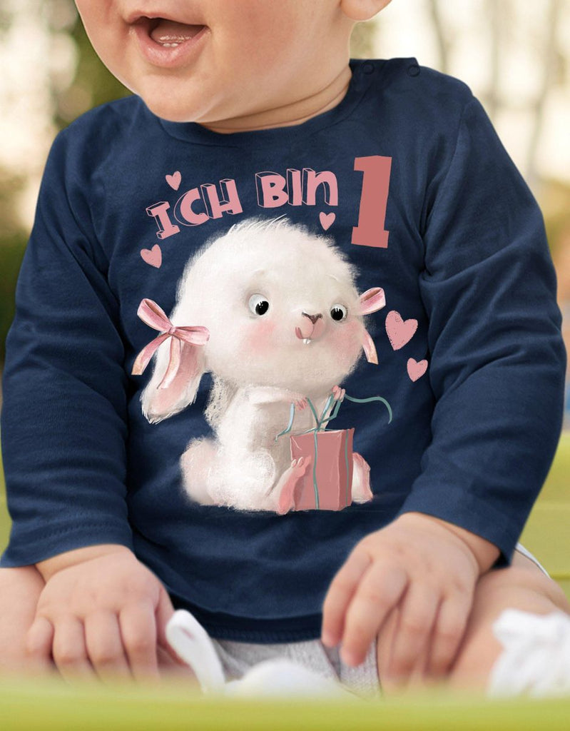 Baby / Kinder Longsleeve mit Spruch Ich bin Eins 1 Niedlicher Hase mit Geschenk - von Mikalino