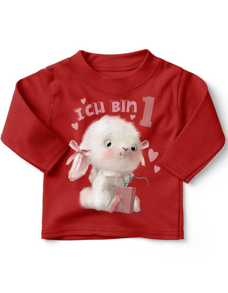 Baby / Kinder Longsleeve mit Spruch Ich bin Eins 1 Niedlicher Hase mit Geschenk - von Mikalino