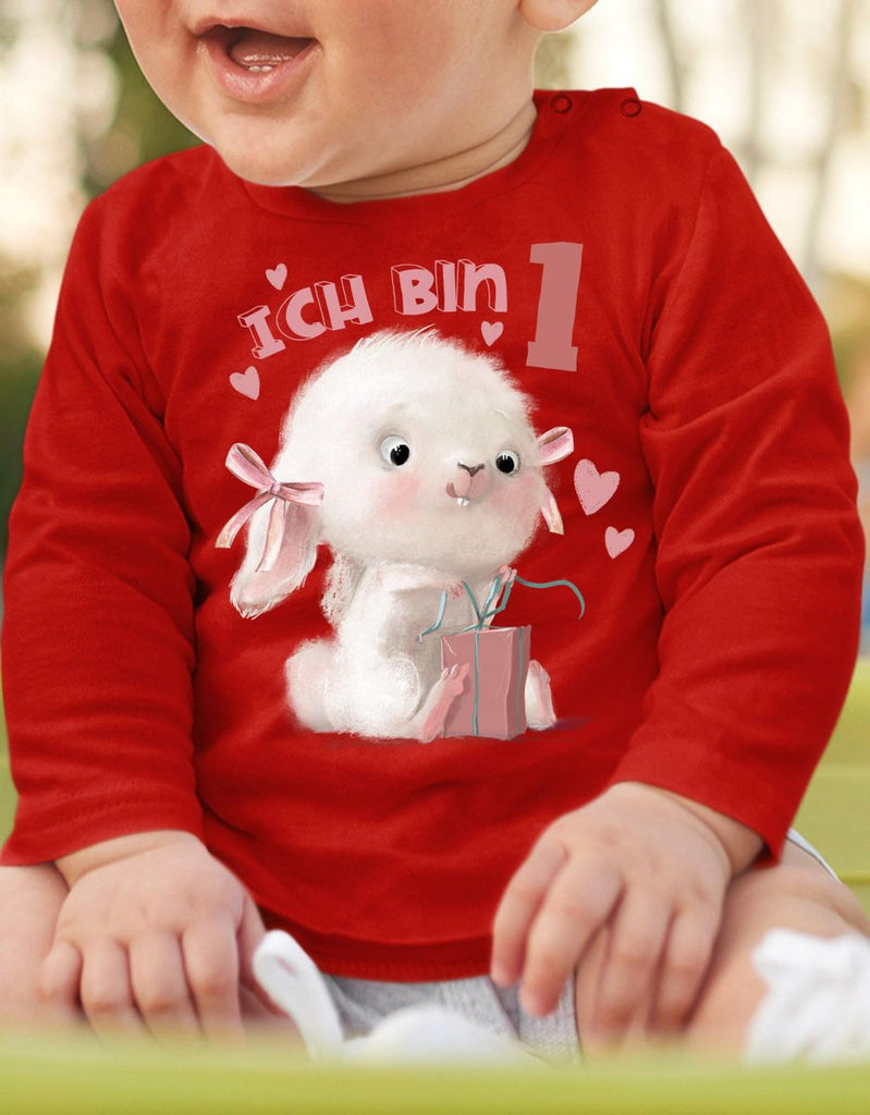 Baby / Kinder Longsleeve mit Spruch Ich bin Eins 1 Niedlicher Hase mit Geschenk - von Mikalino