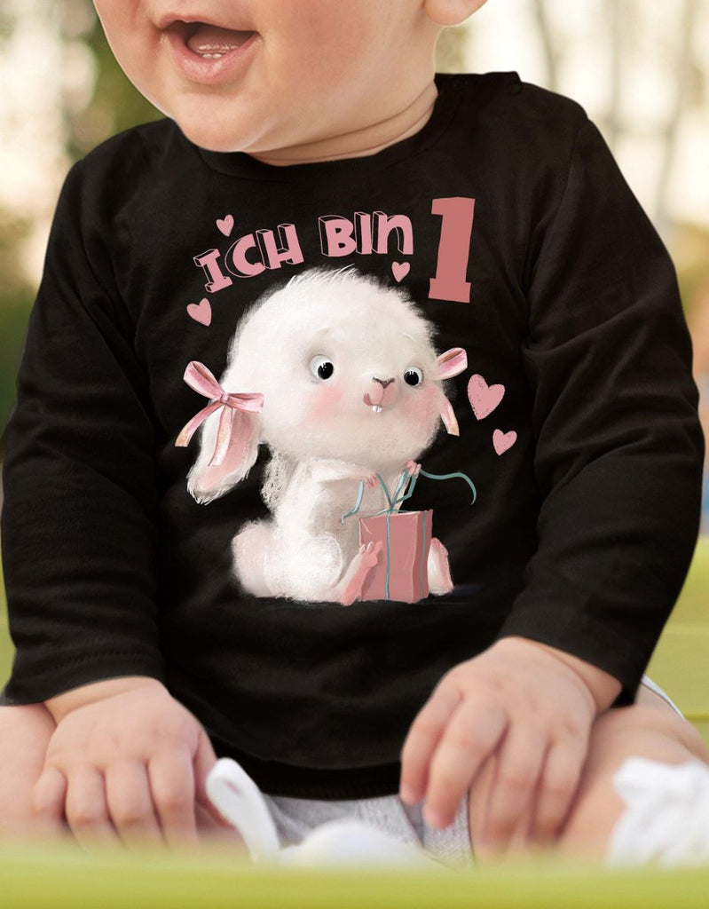 Baby / Kinder Longsleeve mit Spruch Ich bin Eins 1 Niedlicher Hase mit Geschenk - von Mikalino