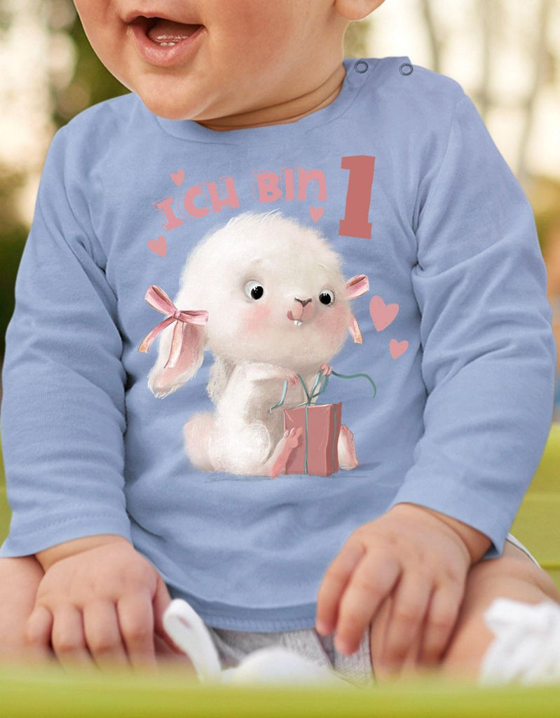 Baby / Kinder Longsleeve mit Spruch Ich bin Eins 1 Niedlicher Hase mit Geschenk - von Mikalino