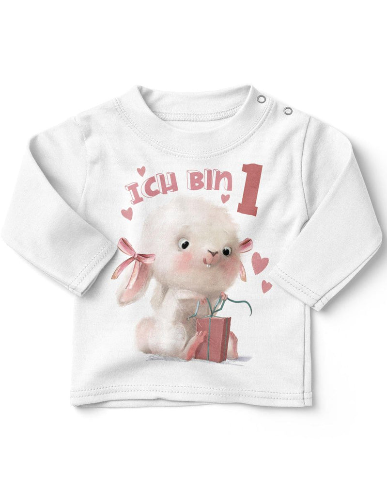 Baby / Kinder Longsleeve mit Spruch Ich bin Eins 1 Niedlicher Hase mit Geschenk - von Mikalino