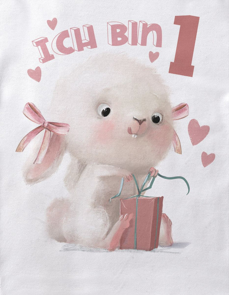 Baby / Kinder Longsleeve mit Spruch Ich bin Eins 1 Niedlicher Hase mit Geschenk - von Mikalino