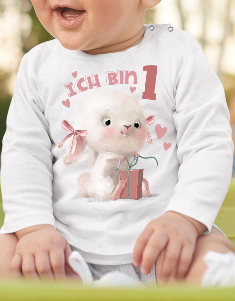 Baby / Kinder Longsleeve mit Spruch Ich bin Eins 1 Niedlicher Hase mit Geschenk - von Mikalino