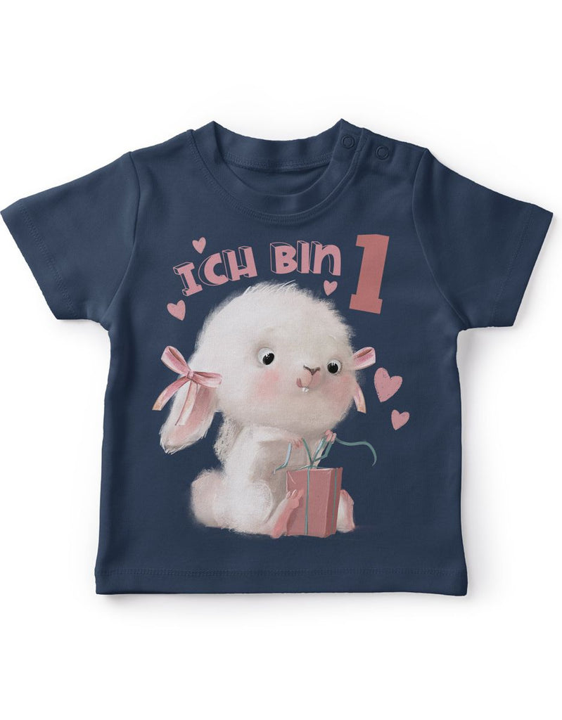 Baby / Kinder T-Shirt mit Spruch Ich bin Eins 1 Niedlicher Hase mit Geschenk - von Mikalino