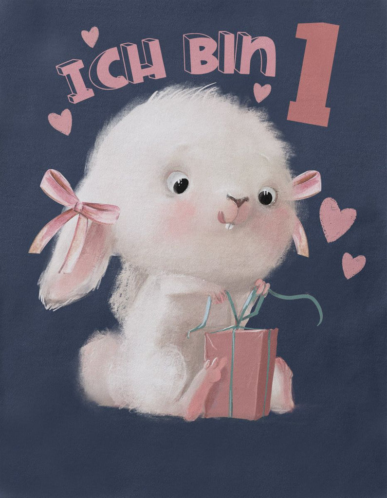 Baby / Kinder T-Shirt mit Spruch Ich bin Eins 1 Niedlicher Hase mit Geschenk - von Mikalino