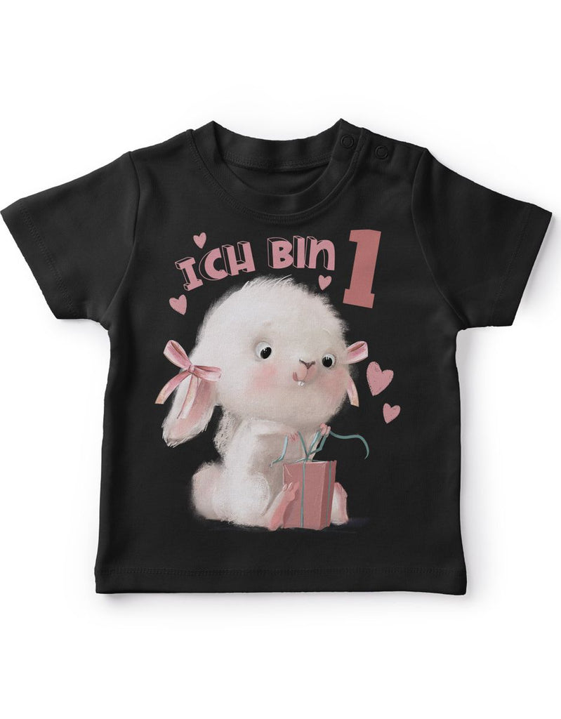 Baby / Kinder T-Shirt mit Spruch Ich bin Eins 1 Niedlicher Hase mit Geschenk - von Mikalino