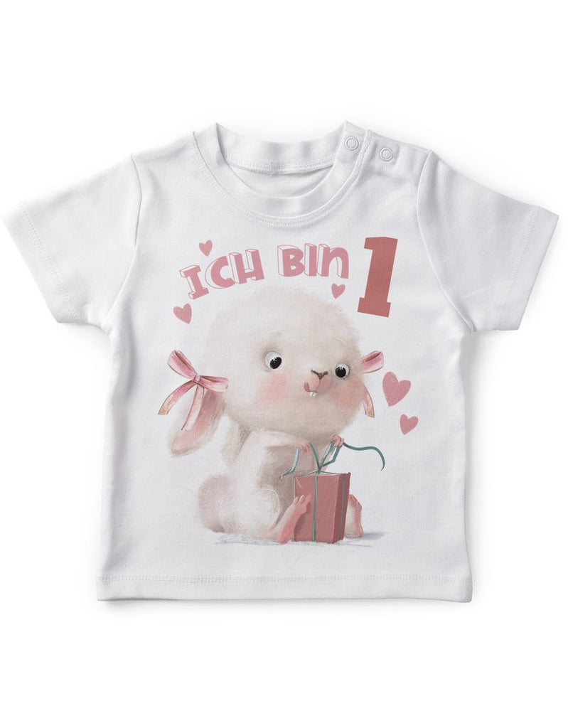 Baby / Kinder T-Shirt mit Spruch Ich bin Eins 1 Niedlicher Hase mit Geschenk - von Mikalino