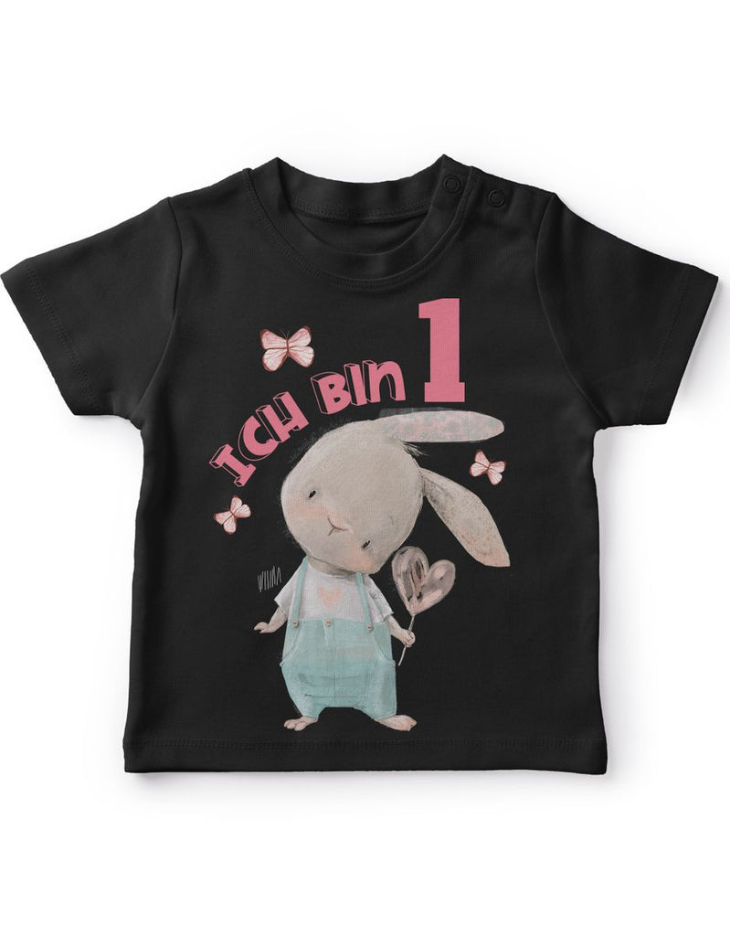 Baby / Kinder T-Shirt mit Spruch Ich bin Eins 1 Süßer Hase mit Herz - von Mikalino