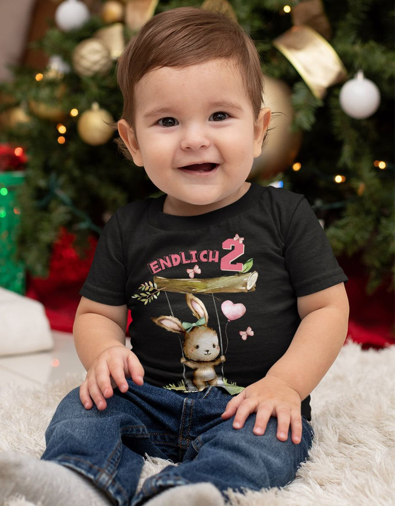 Baby / Kinder T-Shirt mit Spruch Endlich Zwei 2 Schaukelnder Hase mit Luftballon - von Mikalino