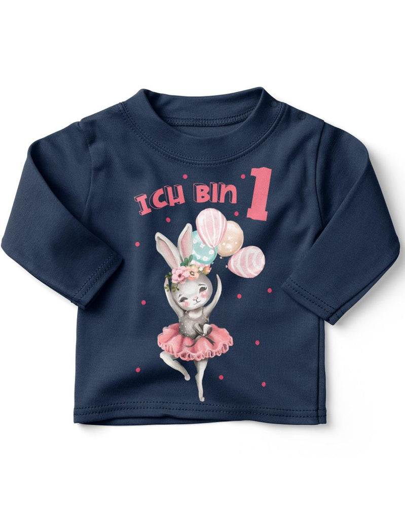 Baby / Kinder Longsleeve mit Spruch Ich bin Eins 1 Fliegender Hase Ballerina - von Mikalino