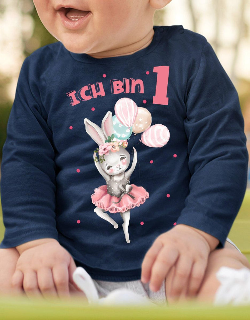 Baby / Kinder Longsleeve mit Spruch Ich bin Eins 1 Fliegender Hase Ballerina - von Mikalino