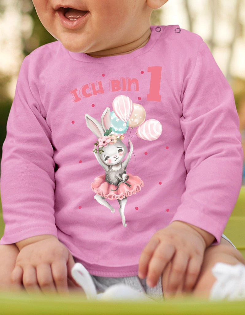 Baby / Kinder Longsleeve mit Spruch Ich bin Eins 1 Fliegender Hase Ballerina - von Mikalino