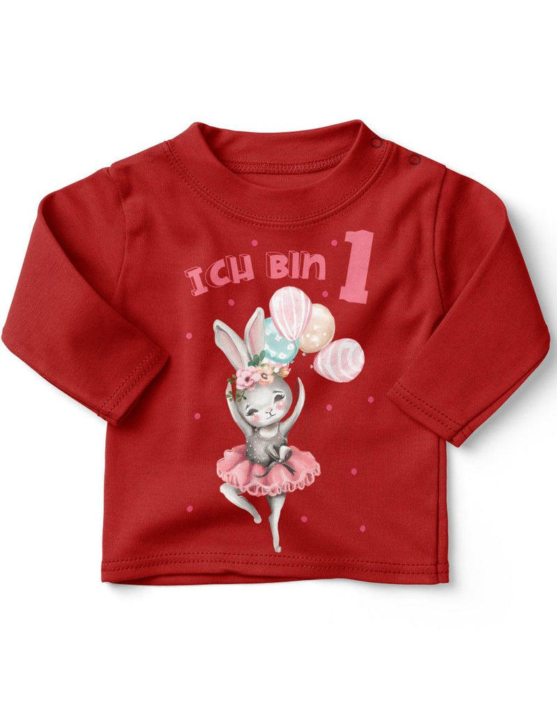 Baby / Kinder Longsleeve mit Spruch Ich bin Eins 1 Fliegender Hase Ballerina - von Mikalino