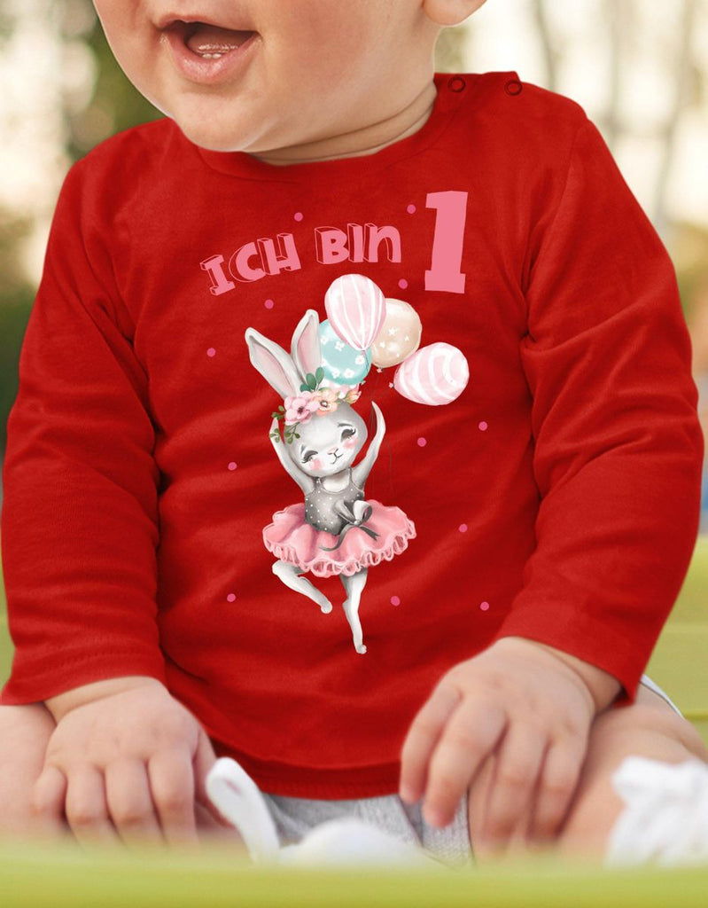 Baby / Kinder Longsleeve mit Spruch Ich bin Eins 1 Fliegender Hase Ballerina - von Mikalino