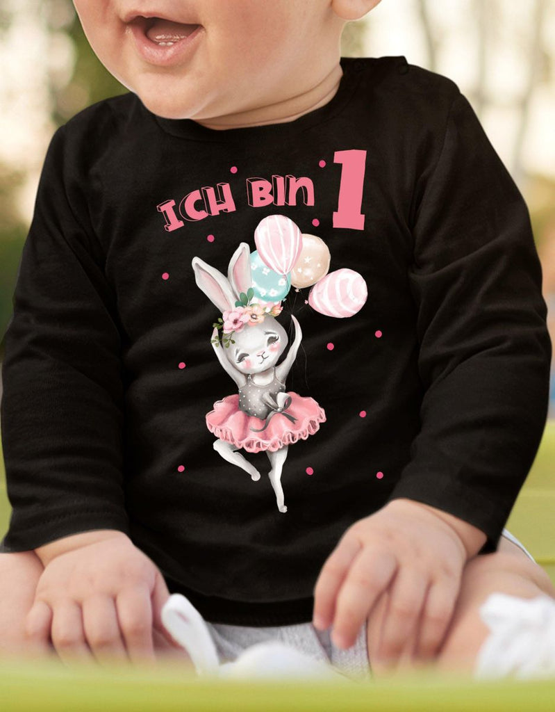 Baby / Kinder Longsleeve mit Spruch Ich bin Eins 1 Fliegender Hase Ballerina - von Mikalino