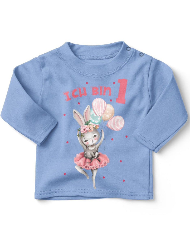 Baby / Kinder Longsleeve mit Spruch Ich bin Eins 1 Fliegender Hase Ballerina - von Mikalino