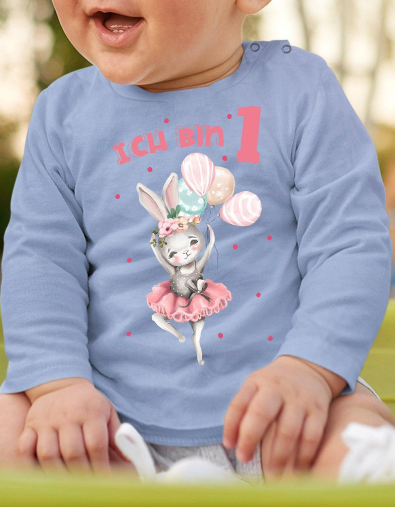 Baby / Kinder Longsleeve mit Spruch Ich bin Eins 1 Fliegender Hase Ballerina - von Mikalino