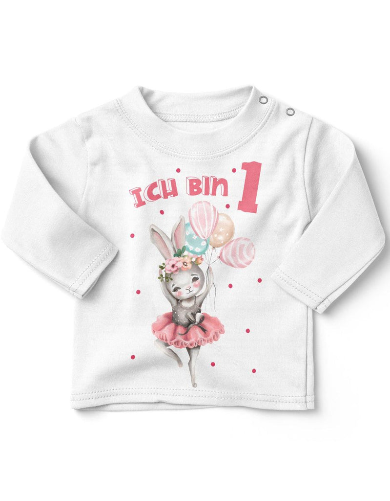 Baby / Kinder Longsleeve mit Spruch Ich bin Eins 1 Fliegender Hase Ballerina - von Mikalino