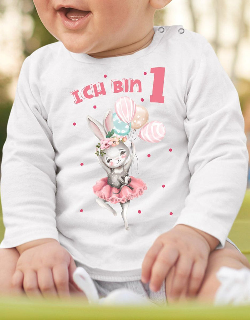 Baby / Kinder Longsleeve mit Spruch Ich bin Eins 1 Fliegender Hase Ballerina - von Mikalino