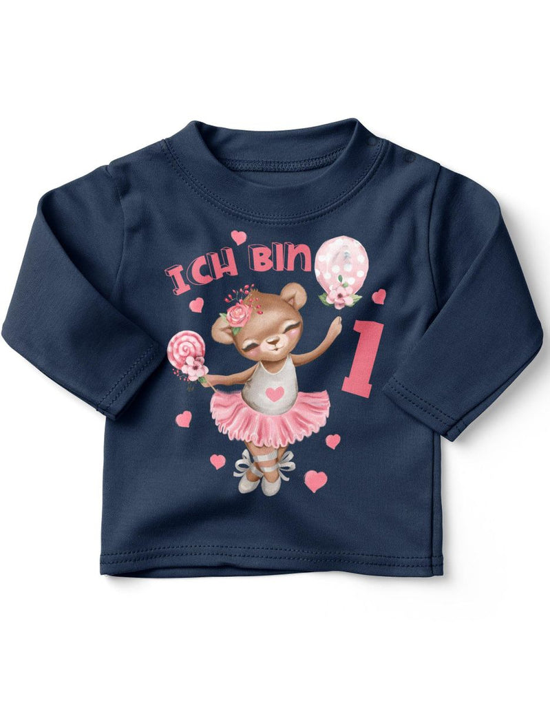 Baby / Kinder Longsleeve mit Spruch Ich bin Eins 1 Bär Ballerina - von Mikalino