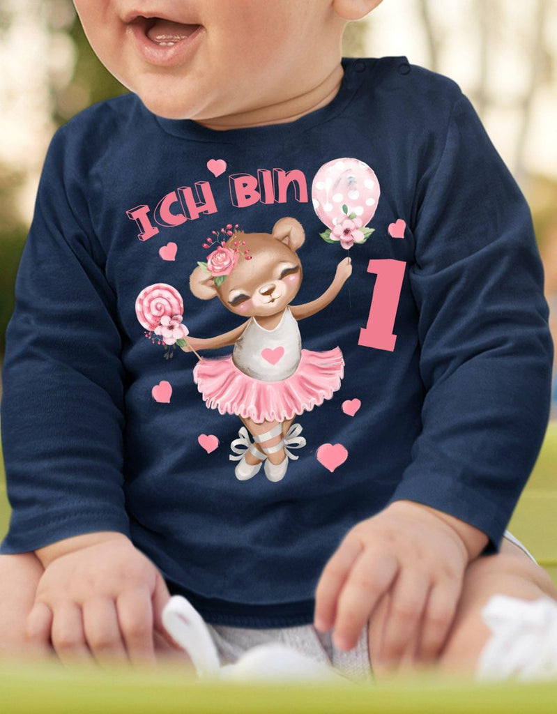 Baby / Kinder Longsleeve mit Spruch Ich bin Eins 1 Bär Ballerina - von Mikalino