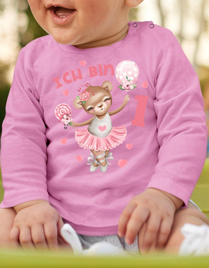 Baby / Kinder Longsleeve mit Spruch Ich bin Eins 1 Bär Ballerina - von Mikalino