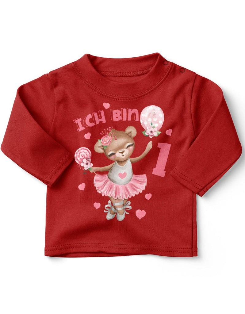 Baby / Kinder Longsleeve mit Spruch Ich bin Eins 1 Bär Ballerina - von Mikalino