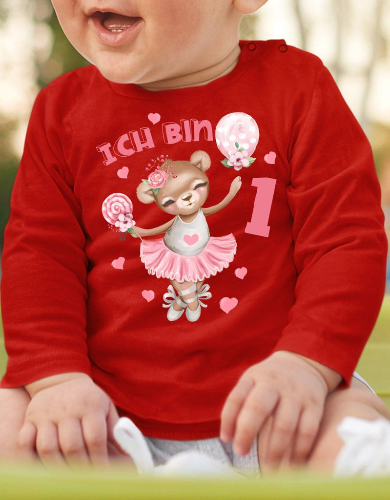 Baby / Kinder Longsleeve mit Spruch Ich bin Eins 1 Bär Ballerina - von Mikalino