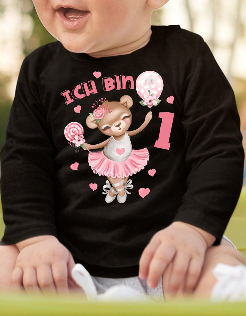 Baby / Kinder Longsleeve mit Spruch Ich bin Eins 1 Bär Ballerina - von Mikalino