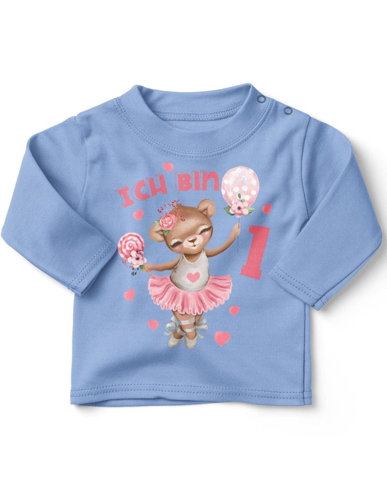 Baby / Kinder Longsleeve mit Spruch Ich bin Eins 1 Bär Ballerina - von Mikalino