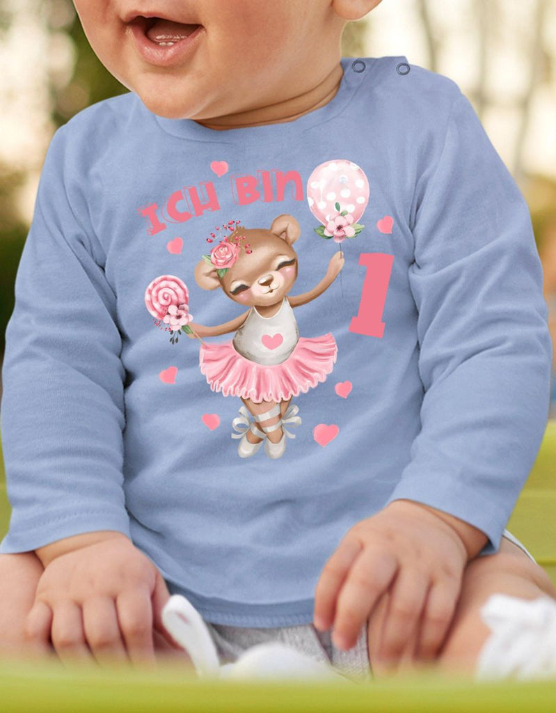 Baby / Kinder Longsleeve mit Spruch Ich bin Eins 1 Bär Ballerina - von Mikalino