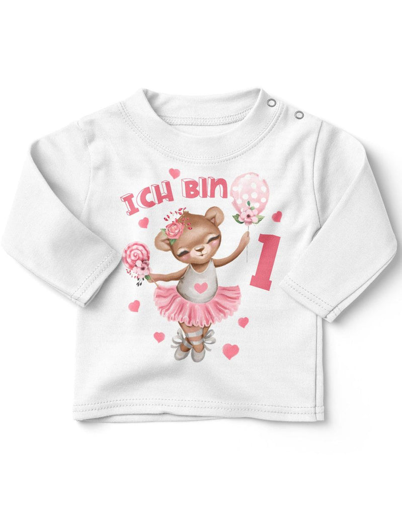 Baby / Kinder Longsleeve mit Spruch Ich bin Eins 1 Bär Ballerina - von Mikalino