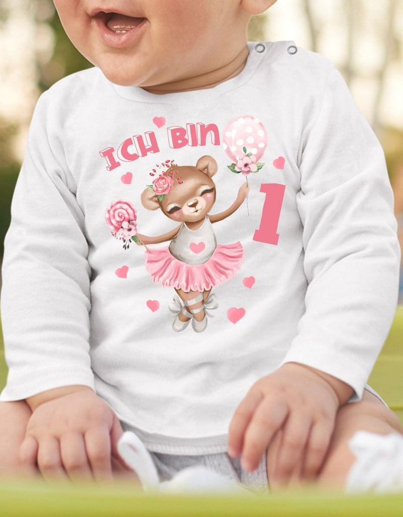 Baby / Kinder Longsleeve mit Spruch Ich bin Eins 1 Bär Ballerina - von Mikalino