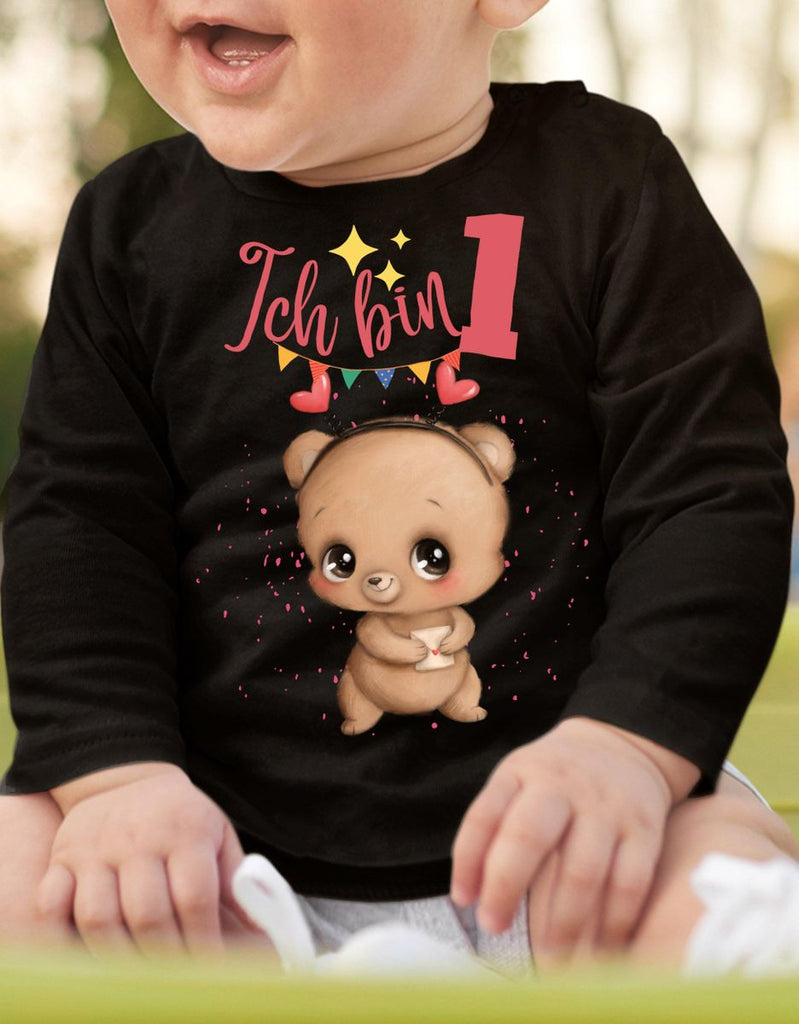 Baby / Kinder Longsleeve mit Spruch Ich bin Eins 1 Bär mit Herz - von Mikalino