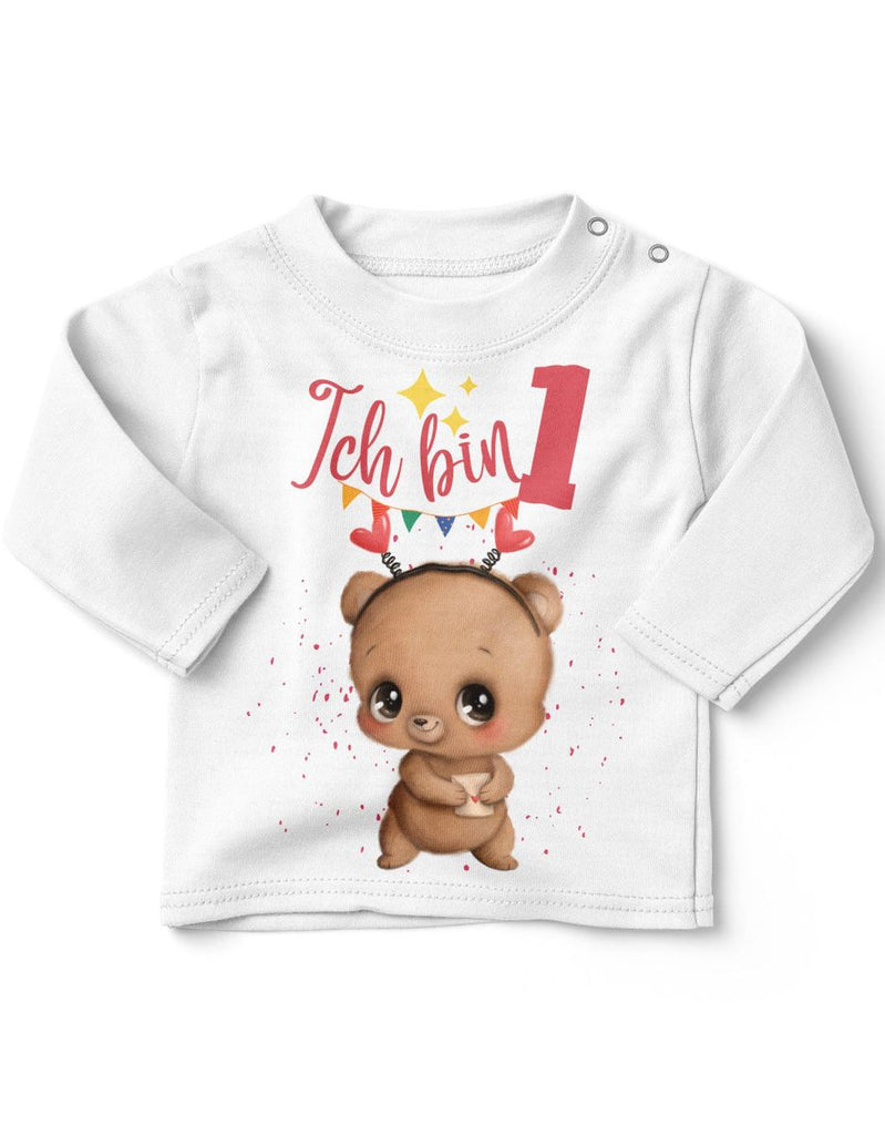 Baby / Kinder Longsleeve mit Spruch Ich bin Eins 1 Bär mit Herz - von Mikalino